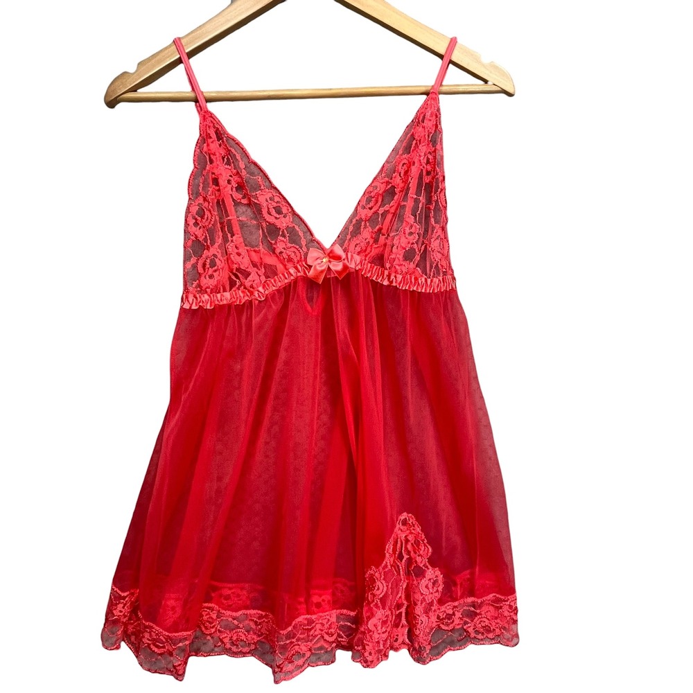 Fredericks of‎ Hollywood Orange Lace Mesh Babydoll Chemise Lingerie Large